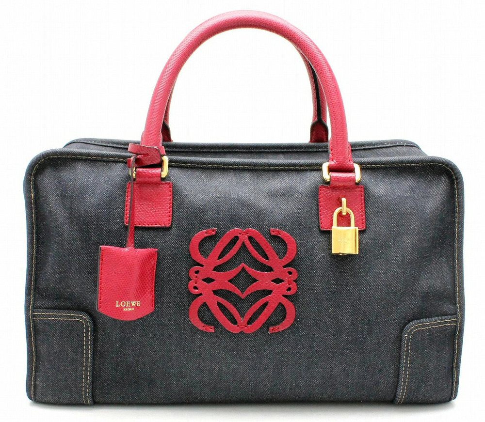 Loewe Amazona Denim Leather Handbag Boston Indigo Blue Red